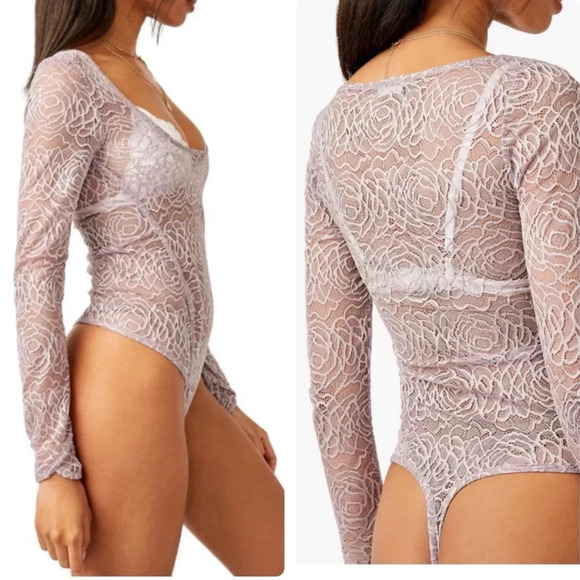 NWT INTIMATELY FREE PEOPLE SMALL Sheer Lace Bodysuit Mauve $58 ALLURING Thong - Picture 1 of 11